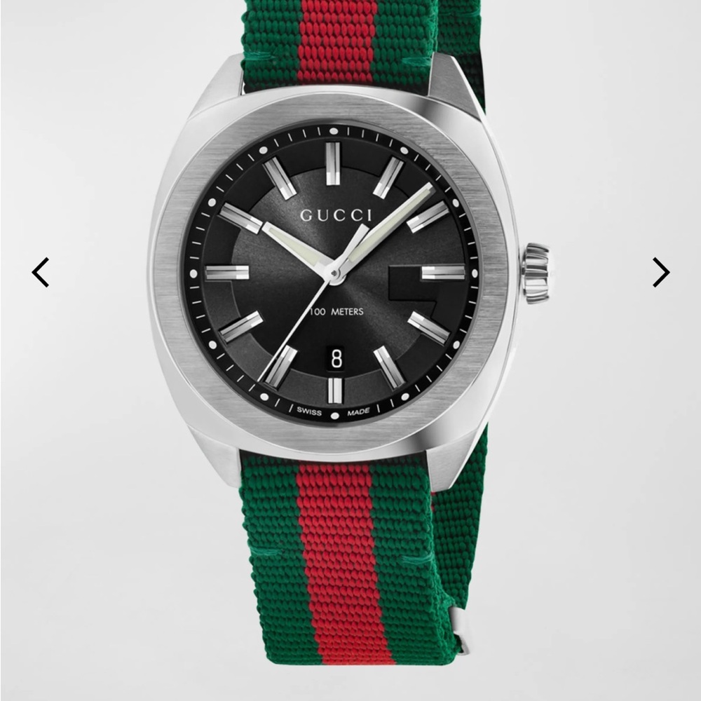 Gucci Black Dial Watch with Silver Case and Green Red Strap